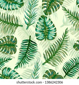 Pattern illustration of tropical leaves of palm trees and monstera with a paint effect