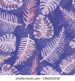 Pattern illustration of tropical leaves of palm trees and monstera with a paint effect
