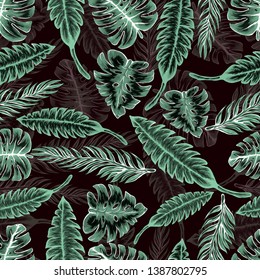 Pattern illustration of tropical leaves of palm trees and monstera with a paint effect