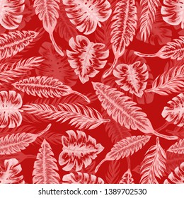 Pattern illustration of tropical leaves of palm trees and monstera with a paint effect