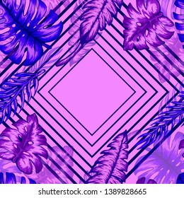 Pattern illustration of tropical leaves of palm trees and monstera with a paint effect