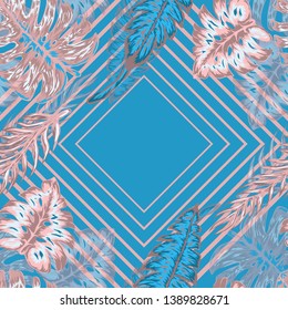 Pattern illustration of tropical leaves of palm trees and monstera with a paint effect