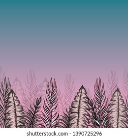 Pattern illustration of tropical leaves of palm trees and monstera with a paint effect 