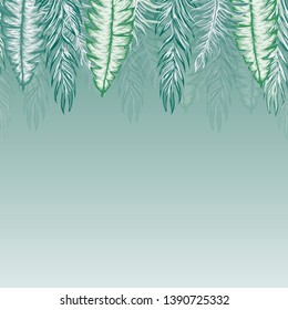 Pattern illustration of tropical leaves of palm trees and monstera with a paint effec