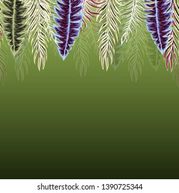 Pattern illustration of tropical leaves of palm trees and monstera with a paint effec