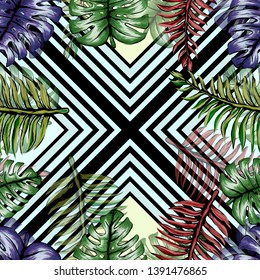 Pattern illustration of tropical leaves of palm trees and monstera with a paint effec