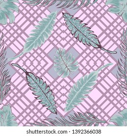 Pattern illustration of tropical leaves of palm trees and monstera with a paint effect