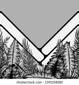 Pattern illustration of tropical leaves of palm trees and monstera with a paint effect