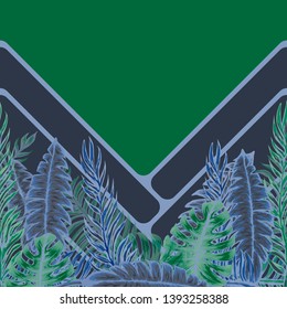Pattern illustration of tropical leaves of palm trees and monstera with a paint effect
