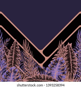 Pattern illustration of tropical leaves of palm trees and monstera with a paint effect