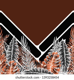 Pattern illustration of tropical leaves of palm trees and monstera with a paint effect