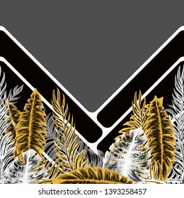 Pattern illustration of tropical leaves of palm trees and monstera with a paint effect