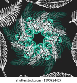 Pattern illustration of tropical leaves of palm trees and monstera with a paint effect