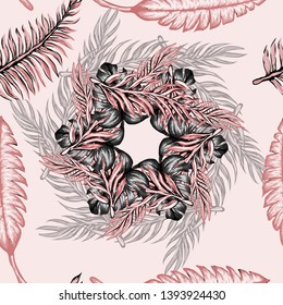 Pattern illustration of tropical leaves of palm trees and monstera with a paint effect