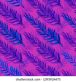 Pattern illustration of tropical leaves of palm trees and monstera with a paint effect