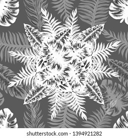Pattern illustration of tropical leaves of palm trees and monstera with a paint effect
