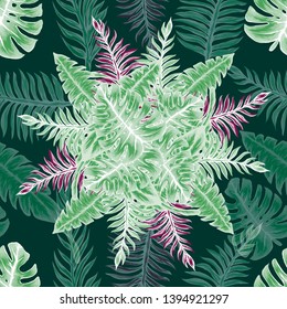 Pattern illustration of tropical leaves of palm trees and monstera with a paint effect