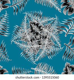 Pattern illustration of tropical leaves of palm trees and monstera with a paint effect