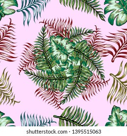 Pattern illustration of tropical leaves of palm trees and monstera with a paint effect