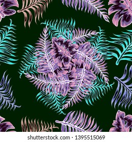 Pattern illustration of tropical leaves of palm trees and monstera with a paint effect