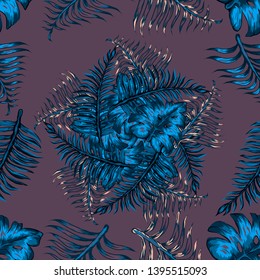 Pattern illustration of tropical leaves of palm trees and monstera with a paint effect