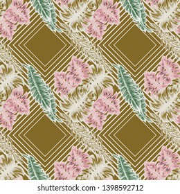 Pattern illustration of tropical leaves of palm trees and monstera with a paint effec