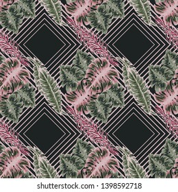 Pattern illustration of tropical leaves of palm trees and monstera with a paint effec