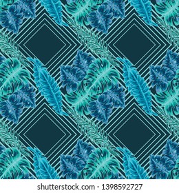 Pattern illustration of tropical leaves of palm trees and monstera with a paint effec
