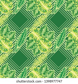 Pattern illustration of tropical leaves of palm trees and monstera with a paint effec