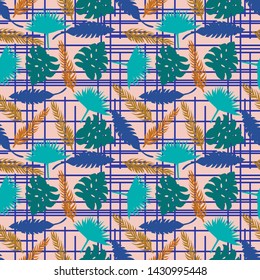 Pattern illustration of tropical leaves and palm leaves on a background of strips