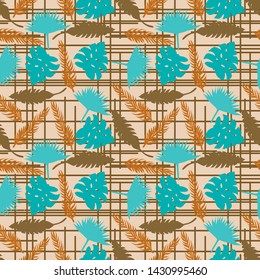 Pattern illustration of tropical leaves and palm leaves on a background of strips