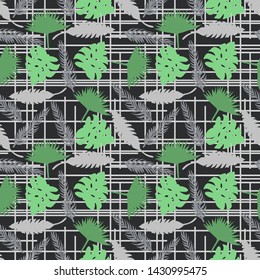 Pattern illustration of tropical leaves and palm leaves on a background of strips