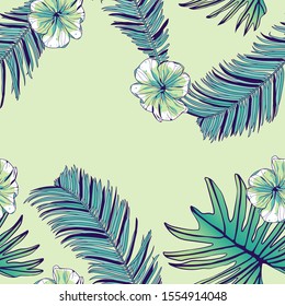 Pattern illustration of tropical leaves of palm trees and monstera with a paint effect