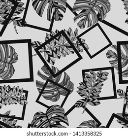 Pattern illustration of tropical monstera leaves and squares