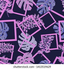 Pattern illustration of tropical monstera leaves and squares