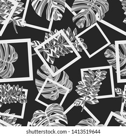 Pattern illustration of tropical monstera leaves and squares
