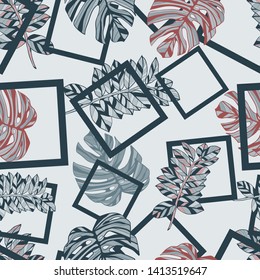 Pattern illustration of tropical monstera leaves and squares