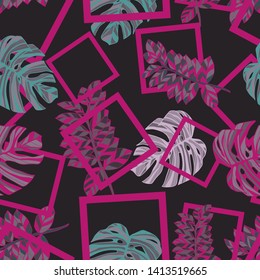 Pattern illustration of tropical monstera leaves and squares