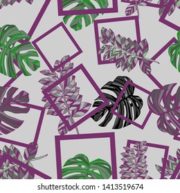 Pattern illustration of tropical monstera leaves and squares
