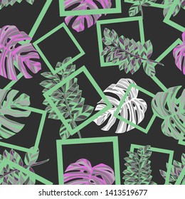 Pattern illustration of tropical monstera leaves and squares