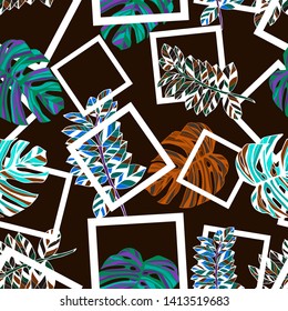 Pattern illustration of tropical monstera leaves and squares