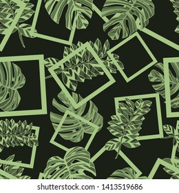 Pattern illustration of tropical monstera leaves and squares