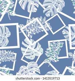 Pattern illustration of tropical monstera leaves and squares