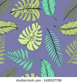 Pattern illustration of tropical palm leaves and monstera leaves