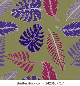 Pattern illustration of tropical palm leaves and monstera leaves
