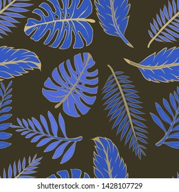 Pattern illustration of tropical palm leaves and monstera leaves