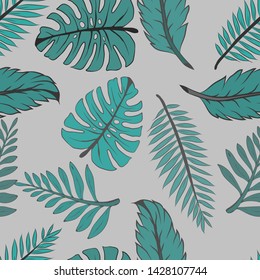 Pattern illustration of tropical palm leaves and monstera leaves