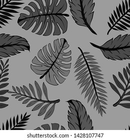 Pattern illustration of tropical palm leaves and monstera leaves