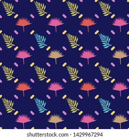 Pattern illustration of tropical palm leaves on dashes background