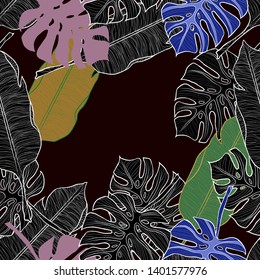 Pattern illustration of tropical pink, yellow and blue leaves of palm and monstera on a black background